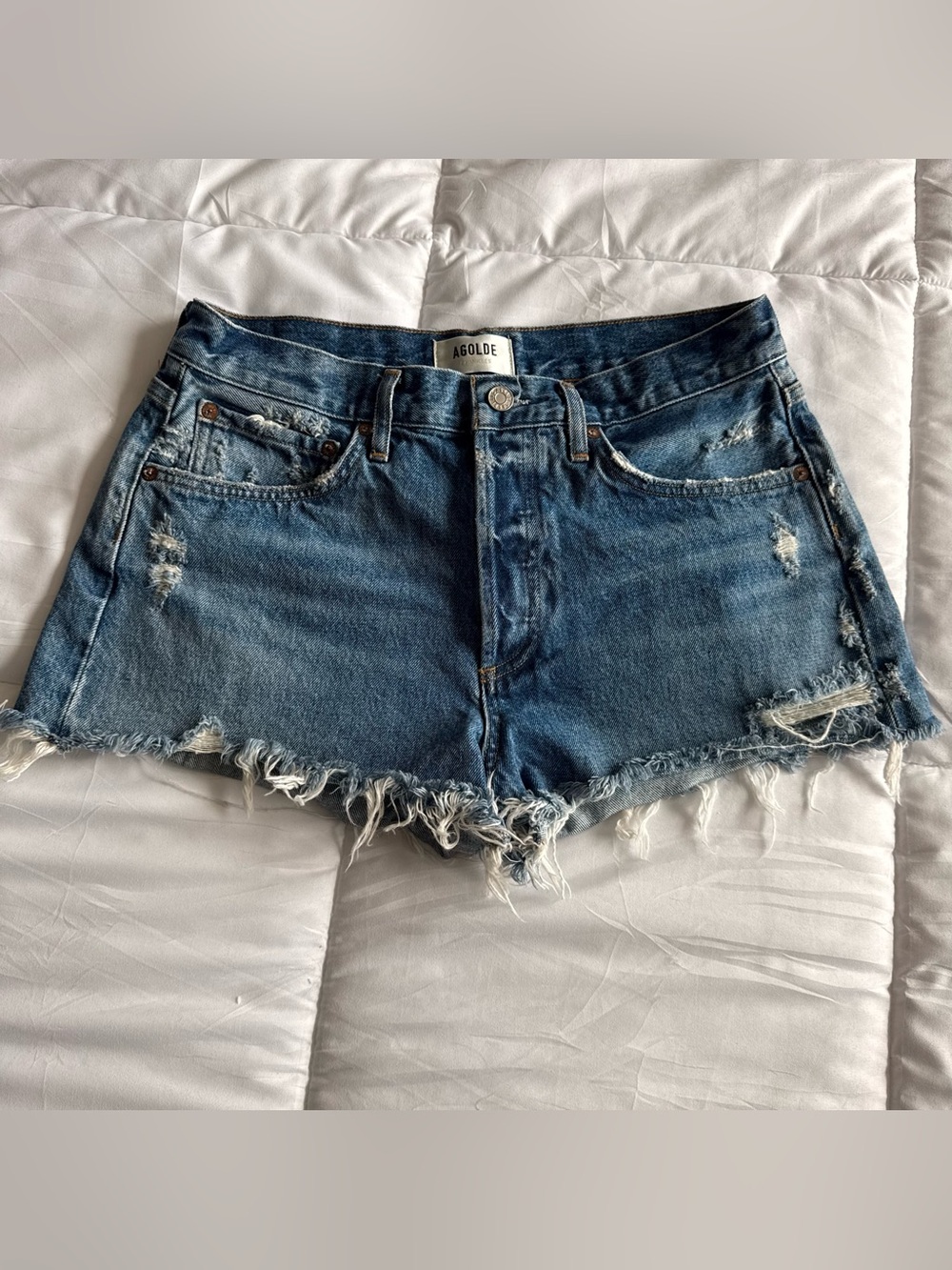 AGOLDE Frayed Hem Distressed Jean Shorts - Medium Blue